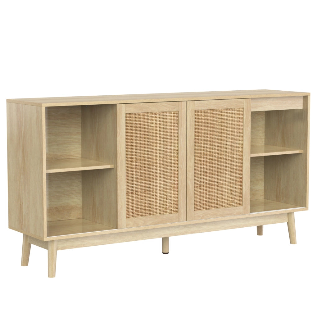 Madia 155x38x80 cm con 2 cassetti e ante scorrevoli in rattan; MDF e pannello truciolare