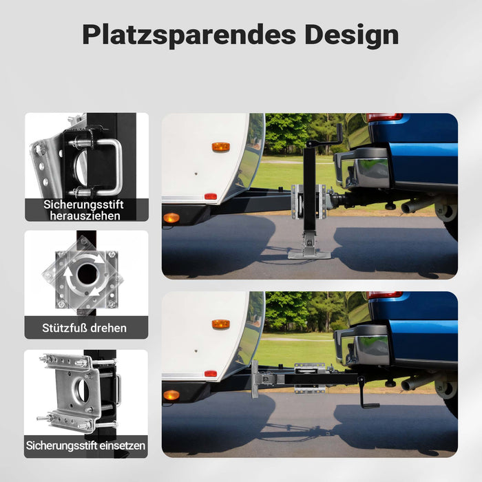 Piede stabilizzatore per rimorchi roulotte, max 900 kg, regolabile in altezza con manovella, con pedale e perno di sicurezza