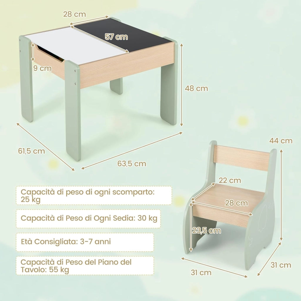 3 in 1 Set Tavolo e Sedie per Bambini, Tavolo da Attività per Bambini con 2 Sedie, Lavagna Rimovibile e Deposito, per Giocare, Disegnare e Leggere, in Legno (Verde)