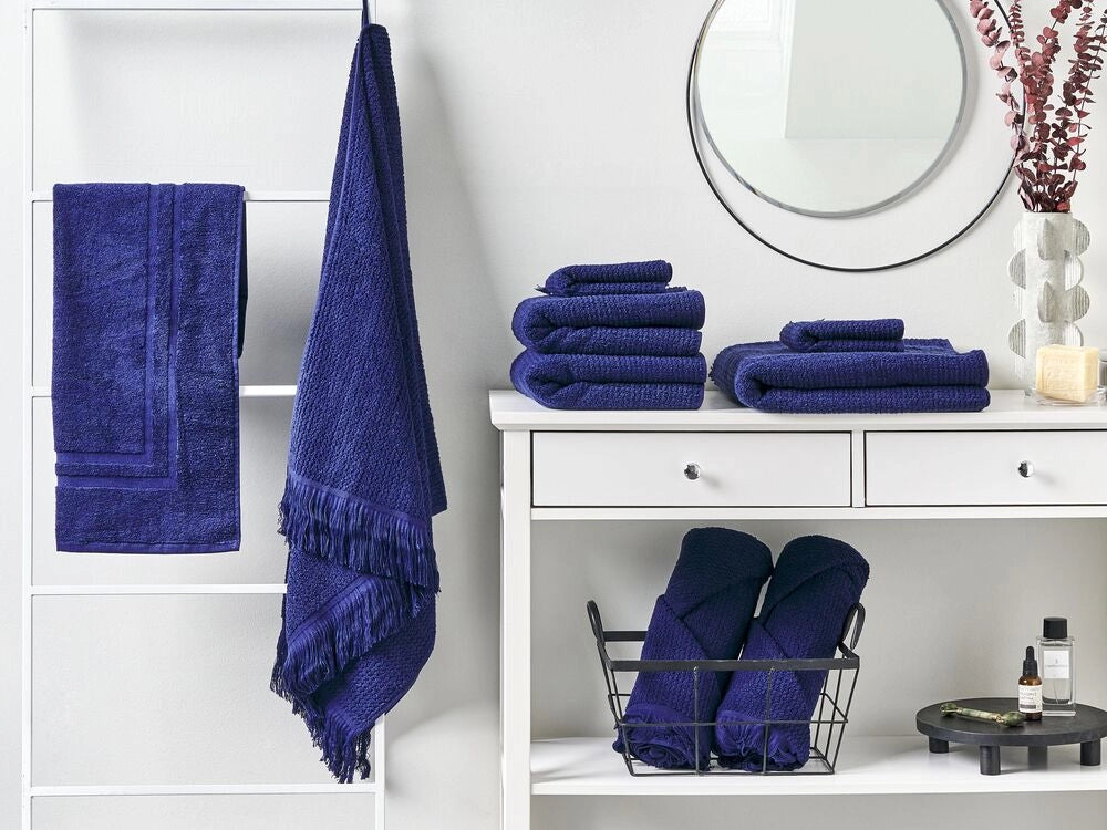 Set di 9 asciugamani bagno in spugna di cotone blu marino con nappe decorative