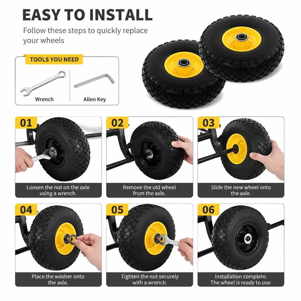 2 Pack Hand Truck Wheels, Solid PU Rubber, 260x85 Mm, Heavy Duty Metal Hub, For Platform Trolley