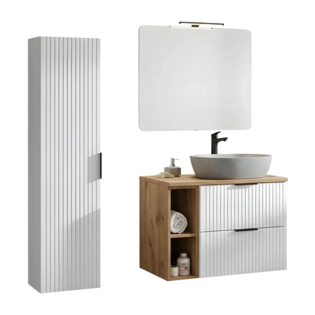 Set da bagno NOXERA – Mobile sospeso con lavabo effetto marmo, contenitori, specchio e lampada LED