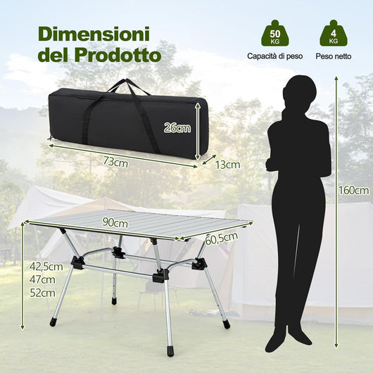 Tavolo da Campeggio Pieghevole in Alluminio, Altezza Regolabile a 4 Livelli, Tavolo da Picnic con Borsa, Peso Netto 4 kg，Tavolino da Esterno e Interno Portatile, 90x60,5x52 cm (argento)