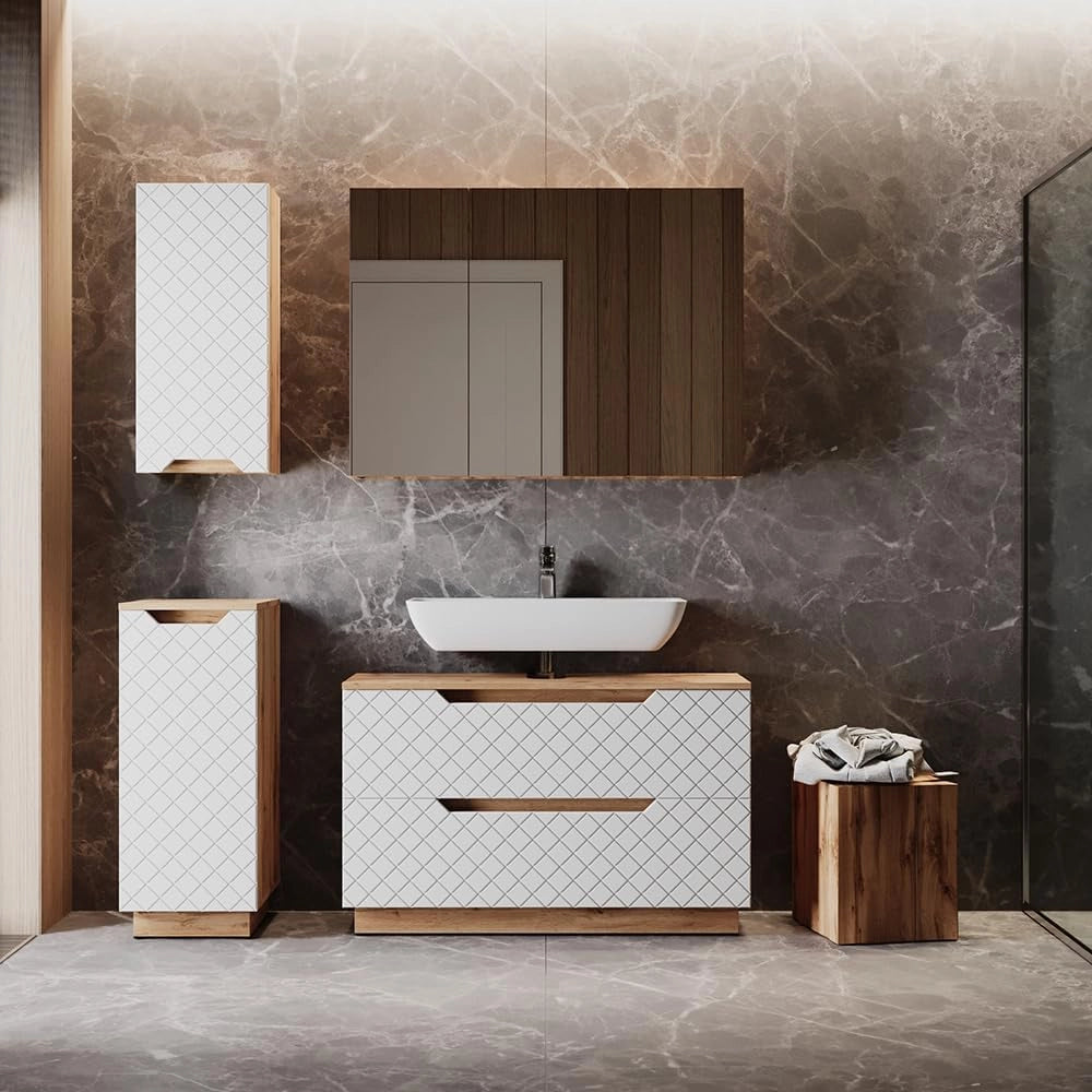 Set di mobili da bagno Lotta, Rovere/bianco con struttura in piastrelle, 4 parti
