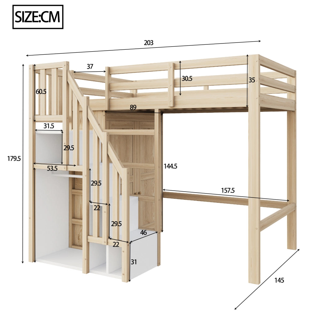 Letto a soppalco 90x200 cm con armadio e scala contenitore