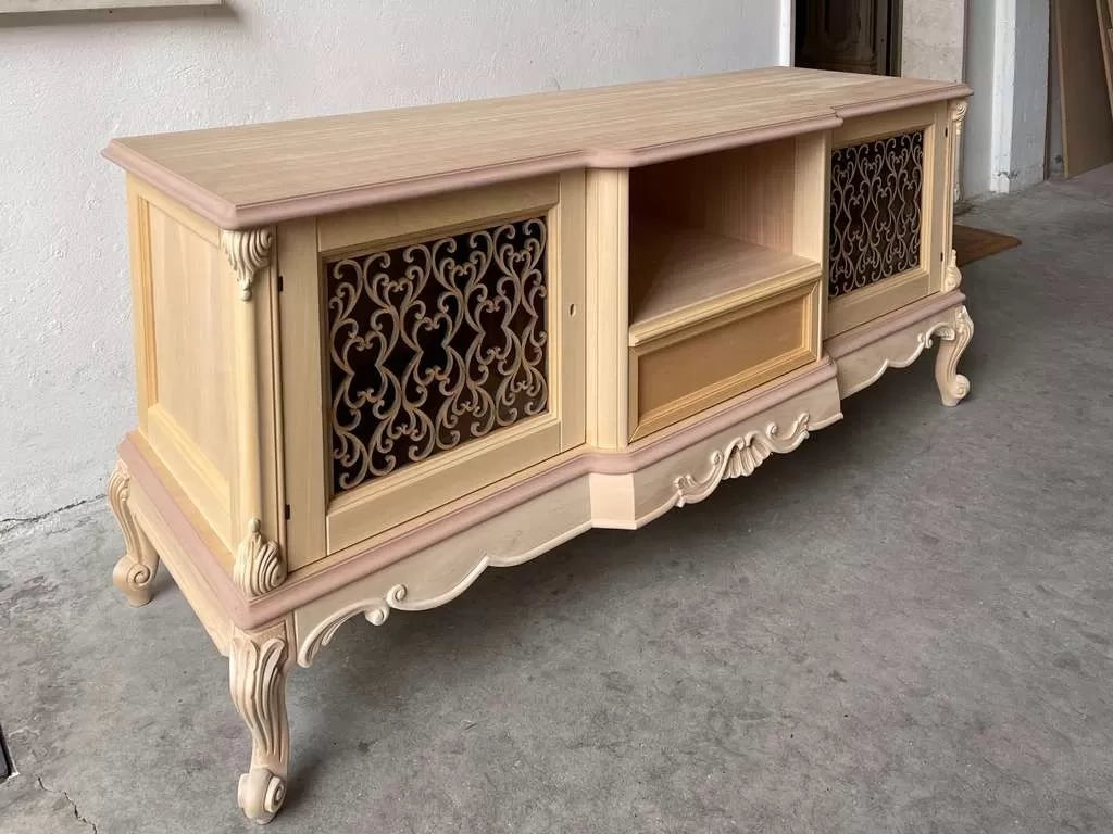 Porta tv 2 ante 1 cassetto classico barocco legno grezzo incisa 174x60x76 - Mobili 2G