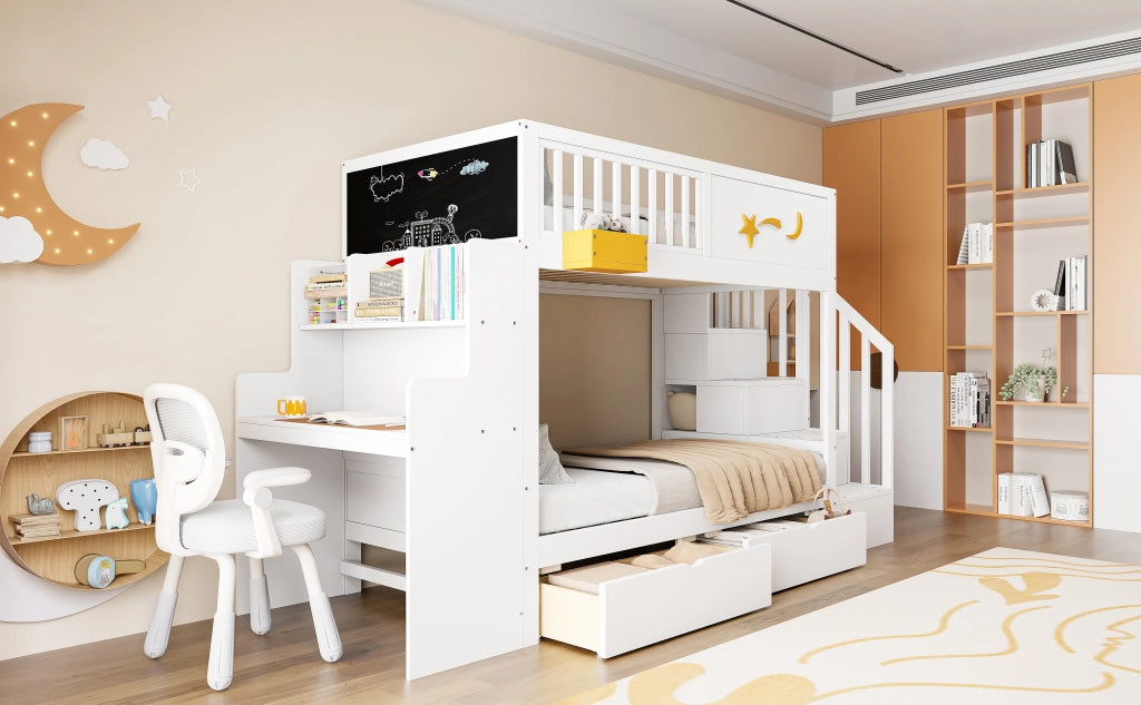 Letto a castello per bambini con scala, scrivania e cassetti, 90x200 cm, bianco
