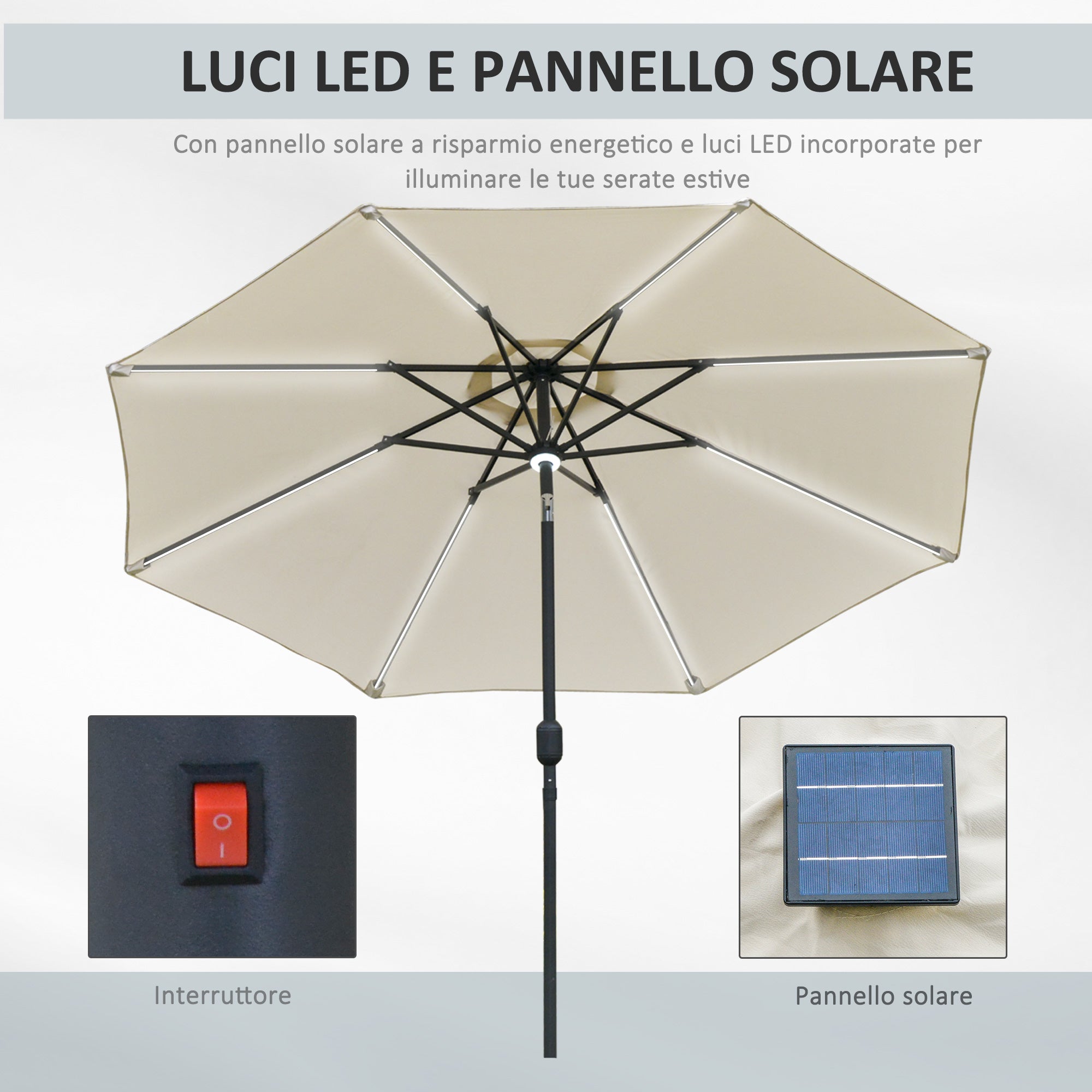 Ombrellone da Giardino con Luci LED a Pannello Solare Ø2,66m in Metallo e Poliestere Bianco Crema