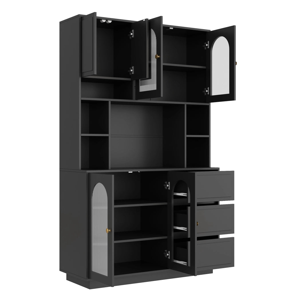 Credenza alta con 4 ante; 3 cassetti; vani aperti e ripiani regolabili con LED; in MDF; nero; 106×30×175 cm