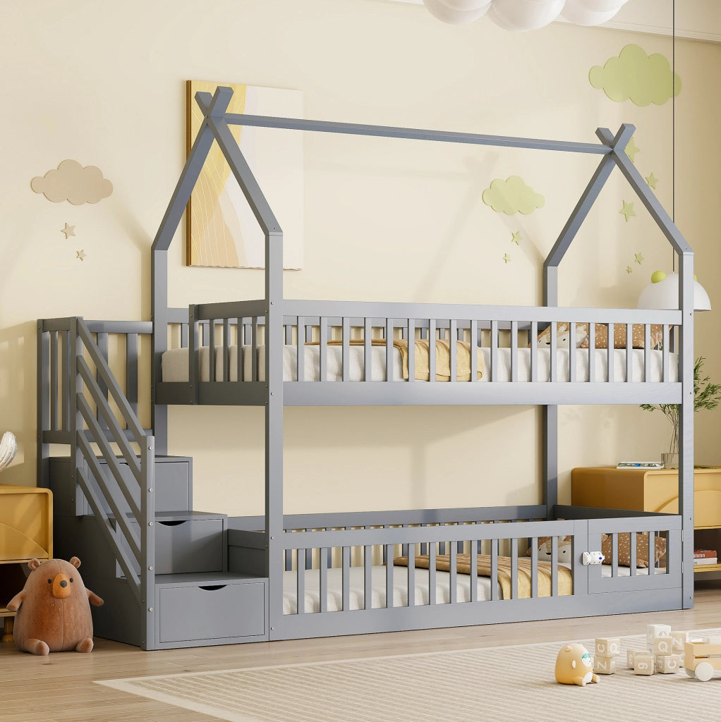 Letto a castello 90x200 cm con tetto; scala con cassetti e porticina in legno grigio