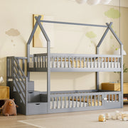 Letto a castello 90x200 cm con tetto; scala con cassetti e porticina in legno grigio