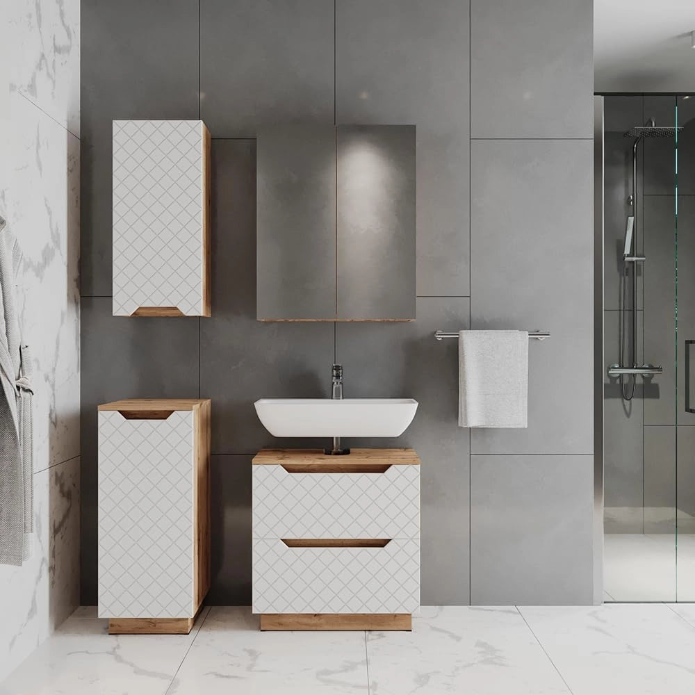 Set di mobili da bagno Lotta, Rovere/bianco con struttura in piastrelle, 4 parti