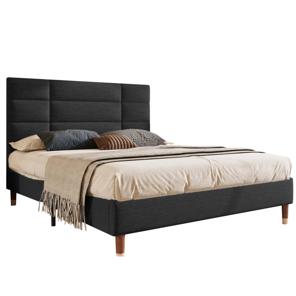 Letto imbottito matrimoniale 140x200 cm con rete a doghe, testiera in lino nero, con vano sottoletto