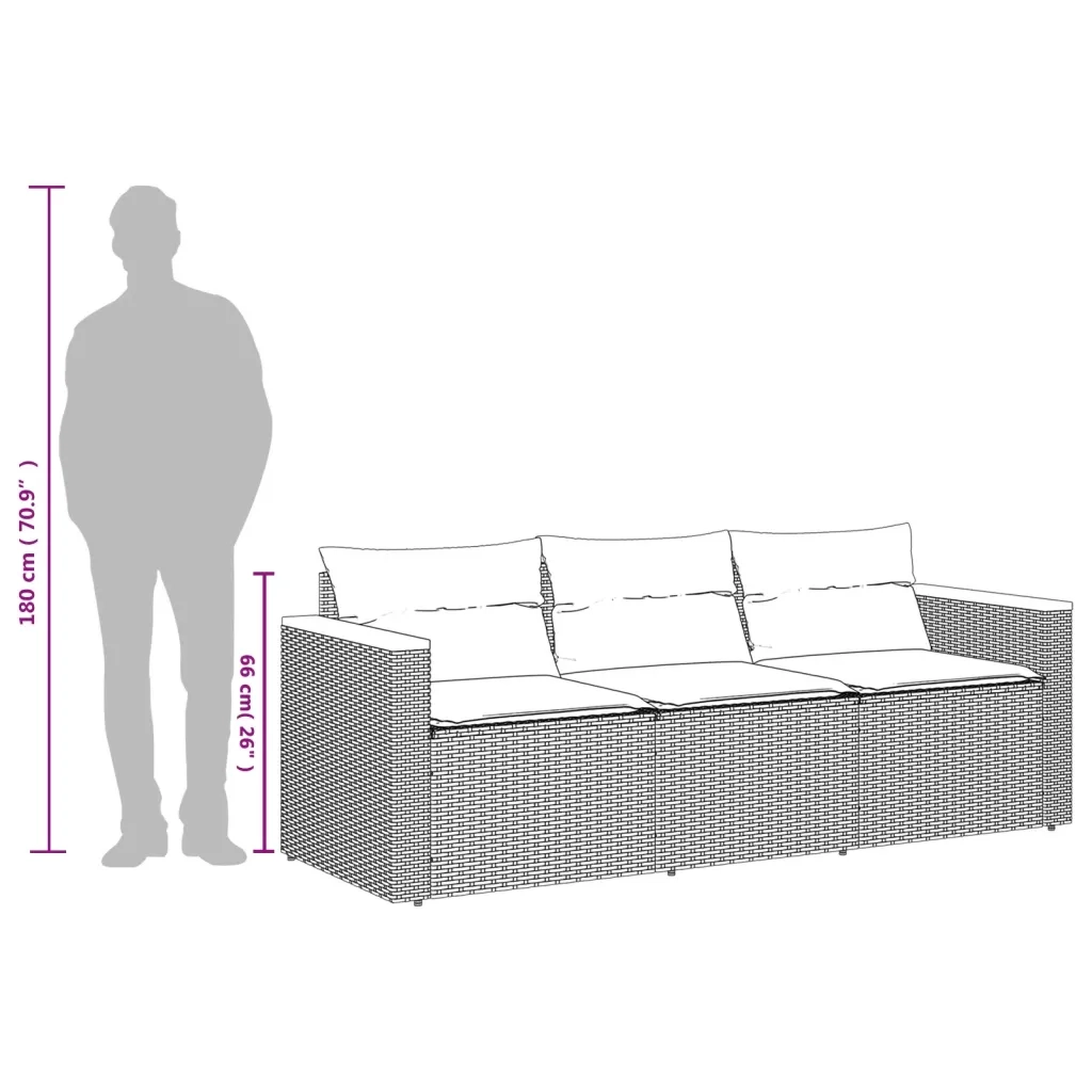 Divano da Giardino a 3 Posti con Cuscini Nero in Polyrattan 365829