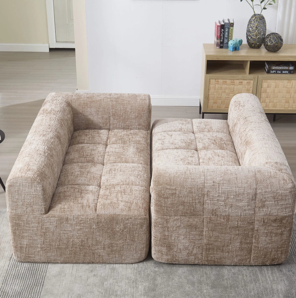 Divano comodo 2 posti in tessuto khaki con chaise longue, cuscino incluso e tasche laterali