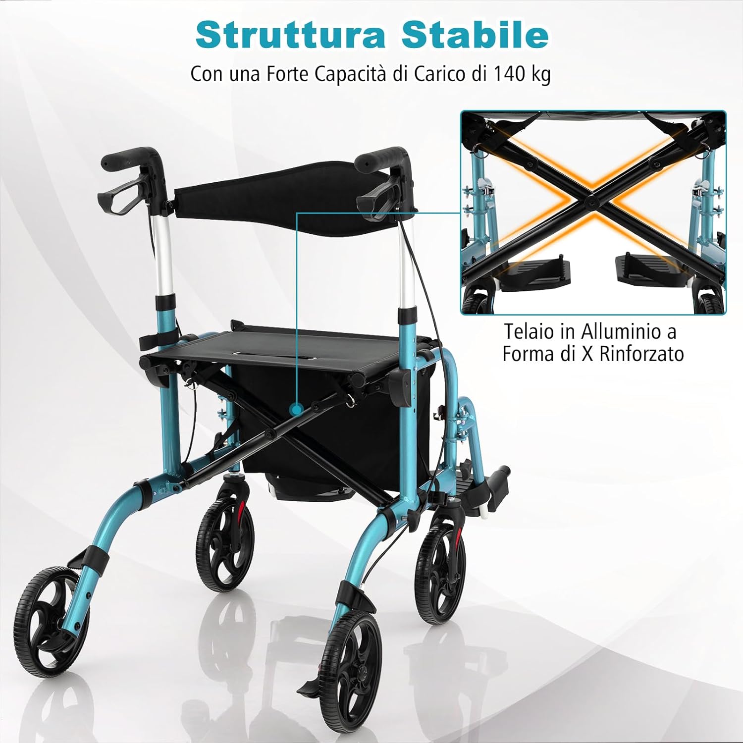 Deambulatore Multiuso 2 in 1, Deambulatore per Anziani in Alluminio con Altezza Regolabile a 6 Livelli, Poggiapiedi Pieghevole (Blu)