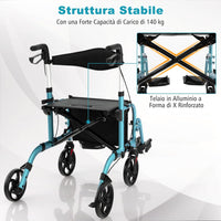 Deambulatore Multiuso 2 in 1, Deambulatore per Anziani in Alluminio con Altezza Regolabile a 6 Livelli, Poggiapiedi Pieghevole (Blu)