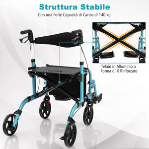 Deambulatore Multiuso 2 in 1, Deambulatore per Anziani in Alluminio con Altezza Regolabile a 6 Livelli, Poggiapiedi Pieghevole (Blu)