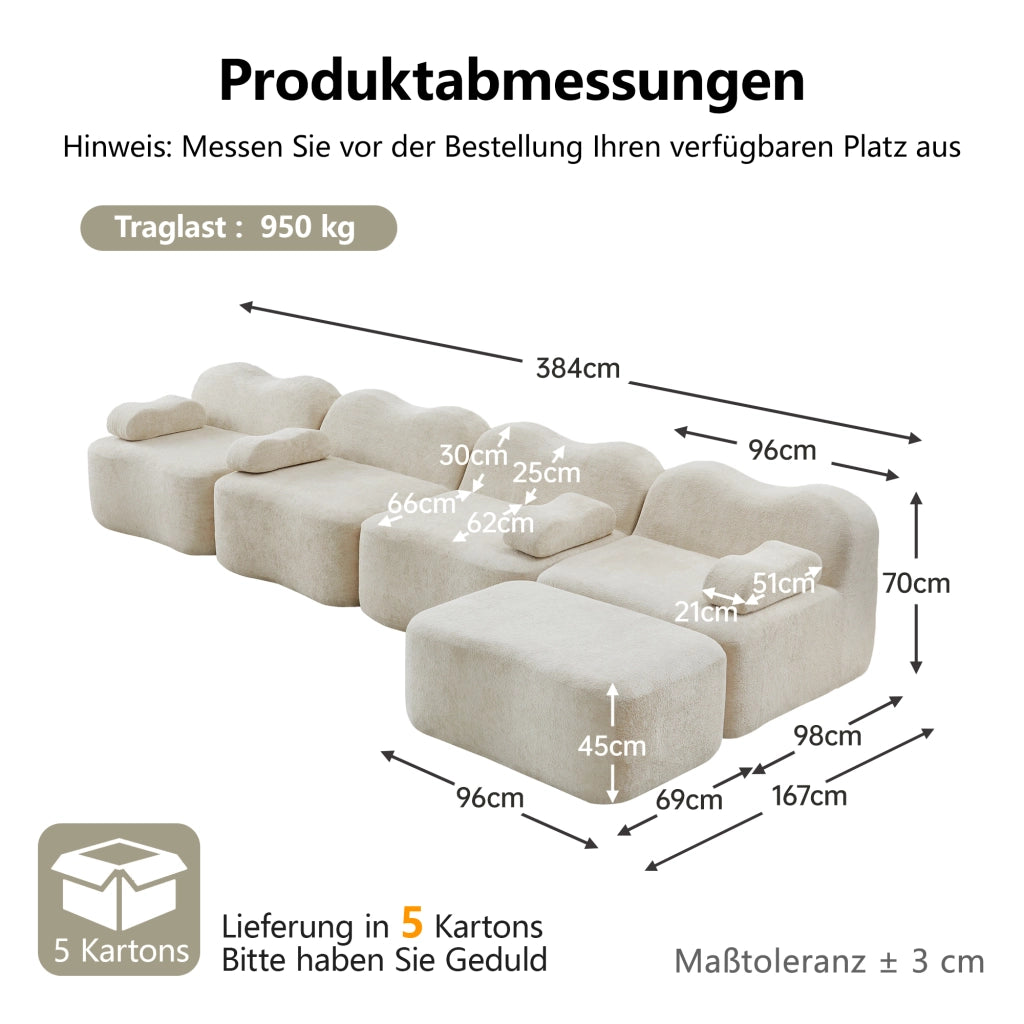 Divano angolare modulare da 2 a 4 posti in velluto beige con pouf collegabile e schiuma 32D senza struttura interna