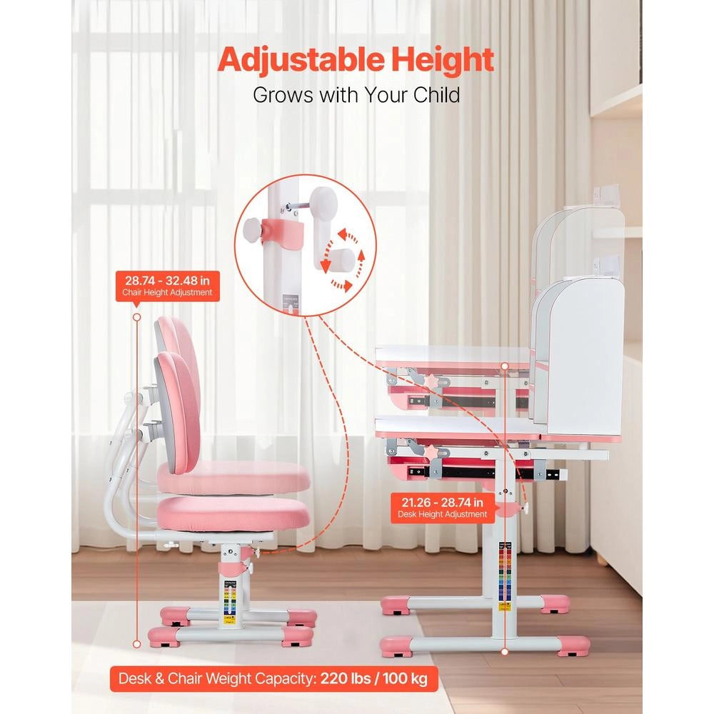 Scrivania Sedia Studio Bambini Libreria Cassetto Inclinabile 0-40 Gradi Altezza Regolabile Rosa