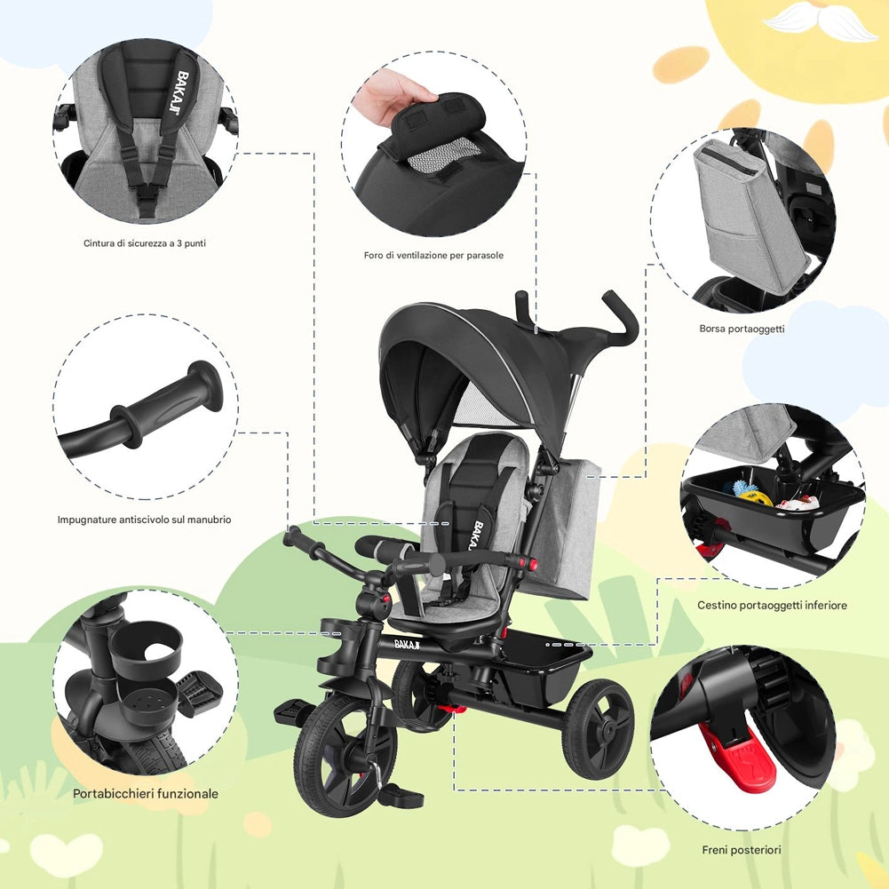 Triciclo Bambini 5in1 con Sedile Girevole 360°, Cappottina, Pedali e Maniglione Regolabile Nero