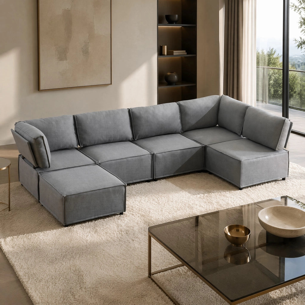 Divano modulare con funzione letto e seduta confortevole in tessuto grigio chiaro 308 × 152 × 77 cm