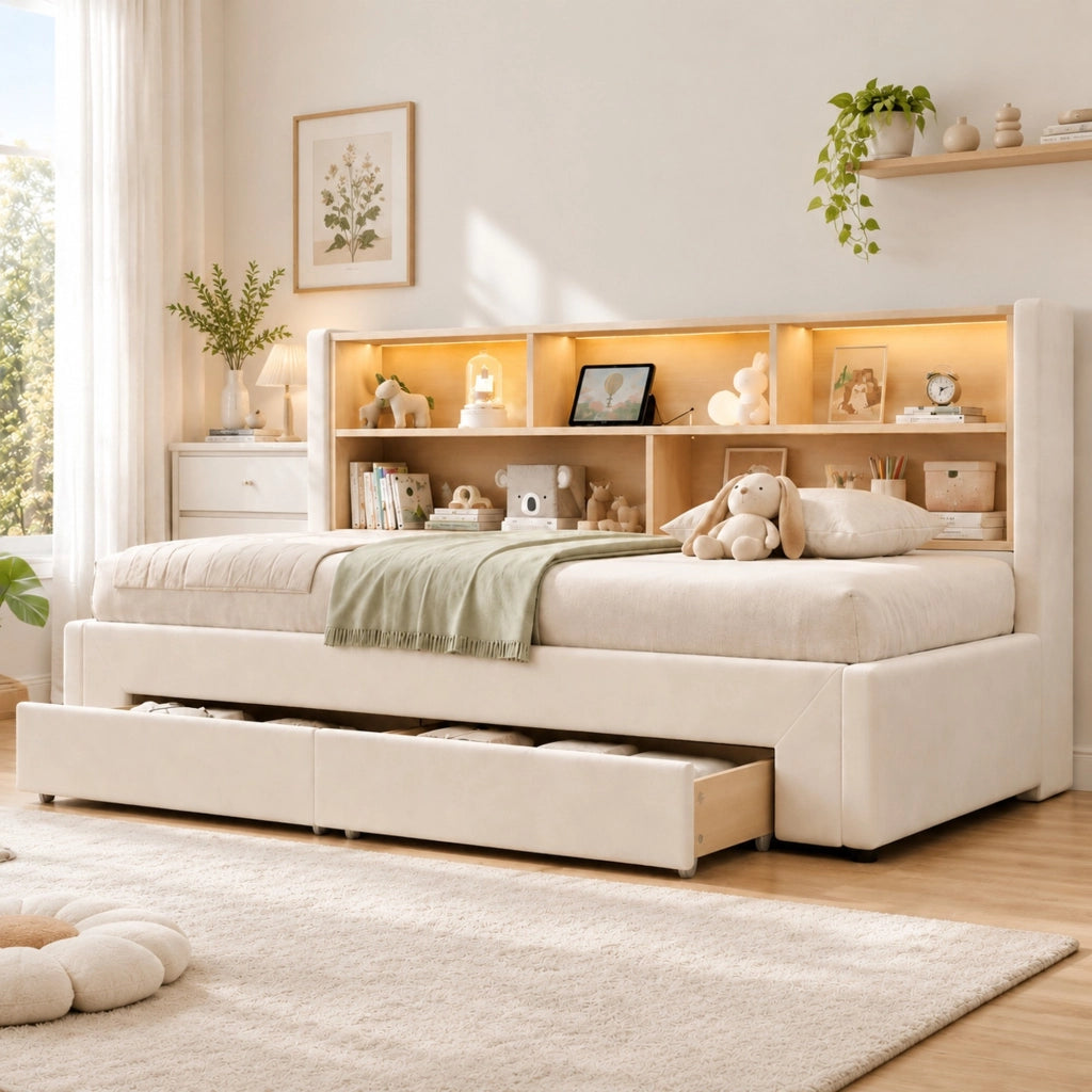 Letto daybed estraibile con cassetti, porte USB e LED, in velluto beige, 90x200 cm, con rete a doghe