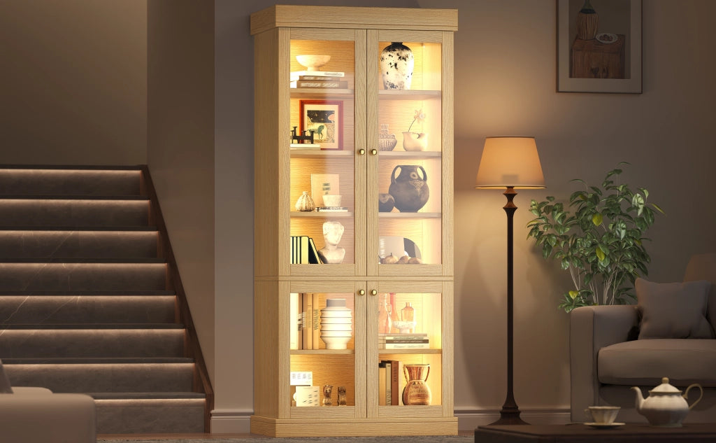 Armadio con LED e ripiani per soggiorno, 2 sistemi antiribaltamento, in MDF e vetro, legno naturale, 160 × 40 × 180 cm