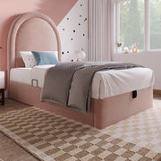 Letto imbottito singolo 90x190 cm in velluto rosa con contenitore e rete sollevabile