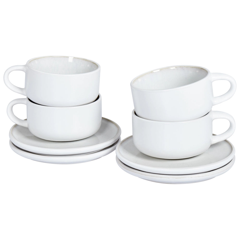 Set di 4 tazze con piattini Servizio per 4 persone di gres bianco con smalto reattivo fatto a mano cucina sala da pranzo e caffè.