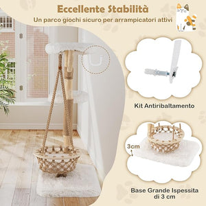 Albero Tiragraffi per Gatti 70 x 50 x 123 cm, Torre per Animali Domestici con Amaca Altalena, Rami di Legno Reale, Pali Tiragraffi di Juta e 2 Posatoi, Giochi per Gatti da Interno