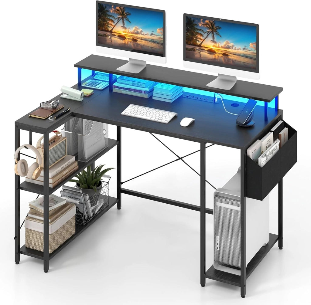 Scrivania Angolare da Gaming, Scrivania Salvaspazio a Forma di L con Luci LED, Stazione di Ricarica, Ripiani e Supporto per Monitor, Scrivania ad Angolo per Casa e Ufficio (Marrone)