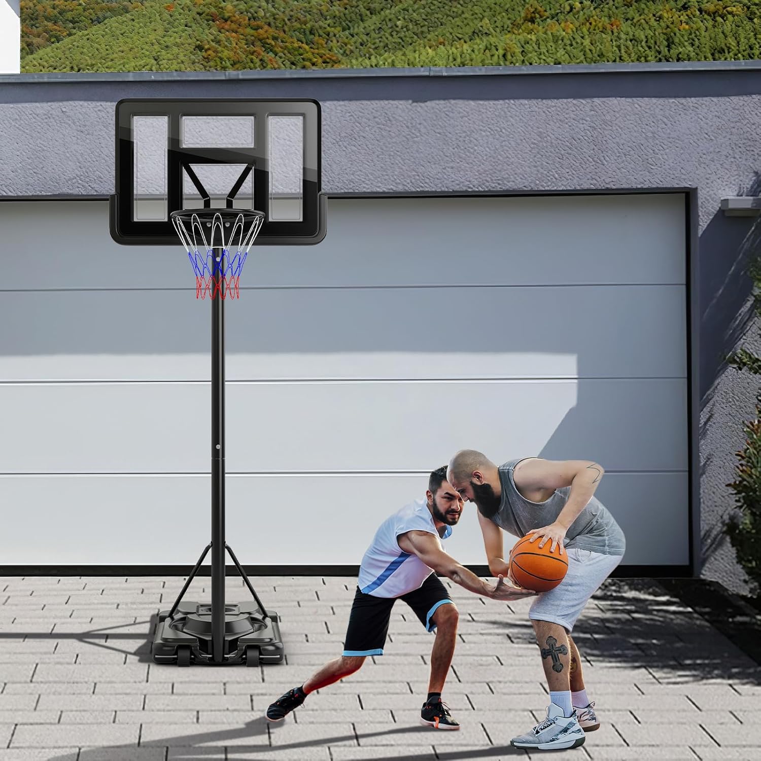 Canestro da Basket da Esterno ed Interno per Adulti, Canestro da Basket Professionale e Regolabile 230-305 cm con Ruote, Tabellone Antiurto da 110 cm e Contenitore per Palloni