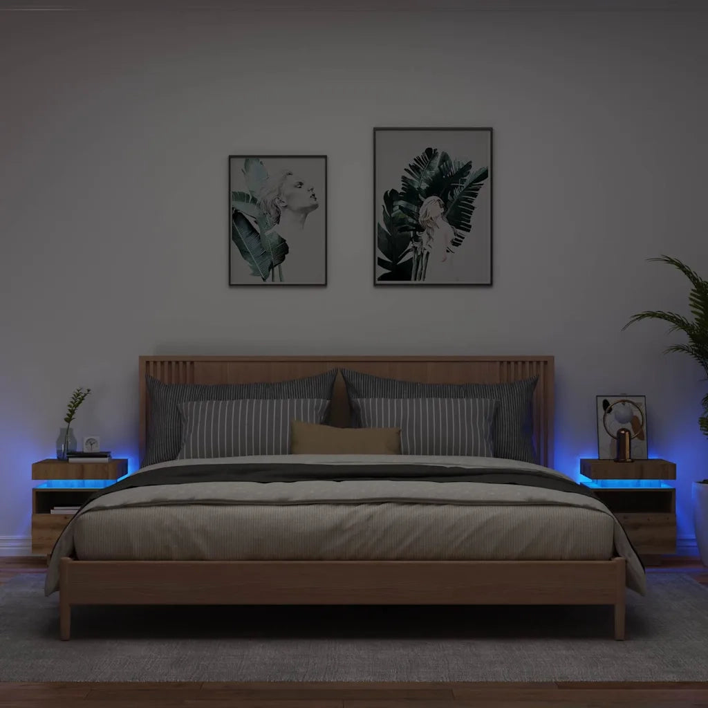 Set di 2 Comodini | Armadio da Notte | Mobiletto da notte con Luci LED Rovere Artigianale 40x39x48,5 cm