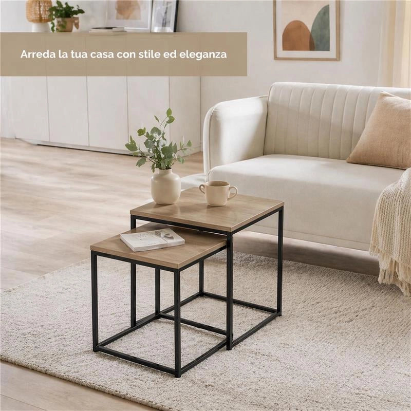 2 TAVOLINI METALLO MELANINA E MDF DIMENSIONI 35X35X45H CM E 40X40X50H CM - COLORE ROVERE