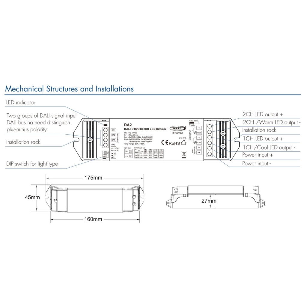 Dimmer DALI 2 Canali, 2X10A@12V/24V, 2X8A@36V/48V, Dimmerabile Con Pulsante NO, Push Dim, DALI-2, PWM, DT6 DT8 per Strisce LED Monocolore CCT