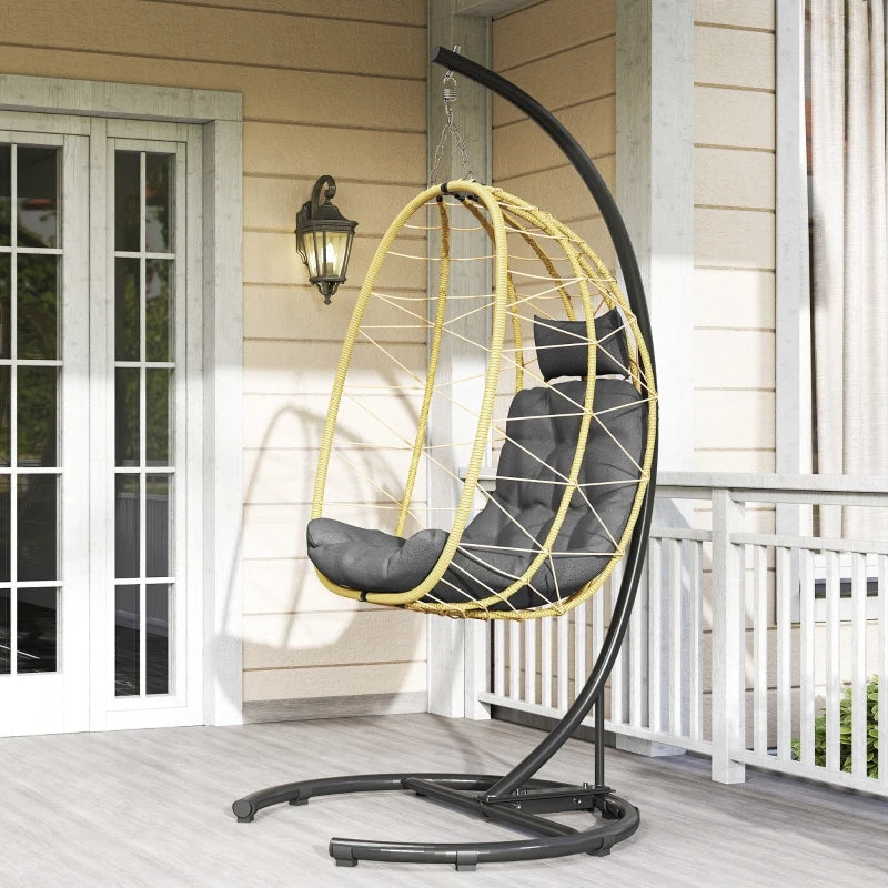 Dondolo Pensile da Giardino Pieghevole con Cuscini 102x102x195 cm in Acciaio e Rattan PE Nera Grigia e Beige