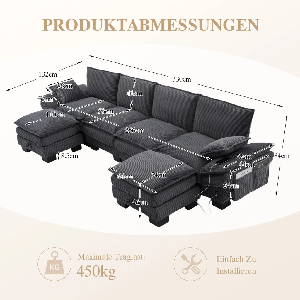 Divano modulare 4 posti ULEVR 330x132x84 cm con 2 pouf, USB-C e tasche laterali, velluto a coste grigio scuro