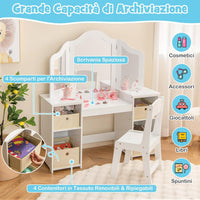Toeletta Trucco 2 in 1 per Bambina, Specchiera Staccabile per Ragazza in Legno Robusto con 4 Cassetti in Tessuto, Sgabello e Specchio, Postazione Trucco per 3 Anni, 104 x 40 x 117 cm (Bianco)