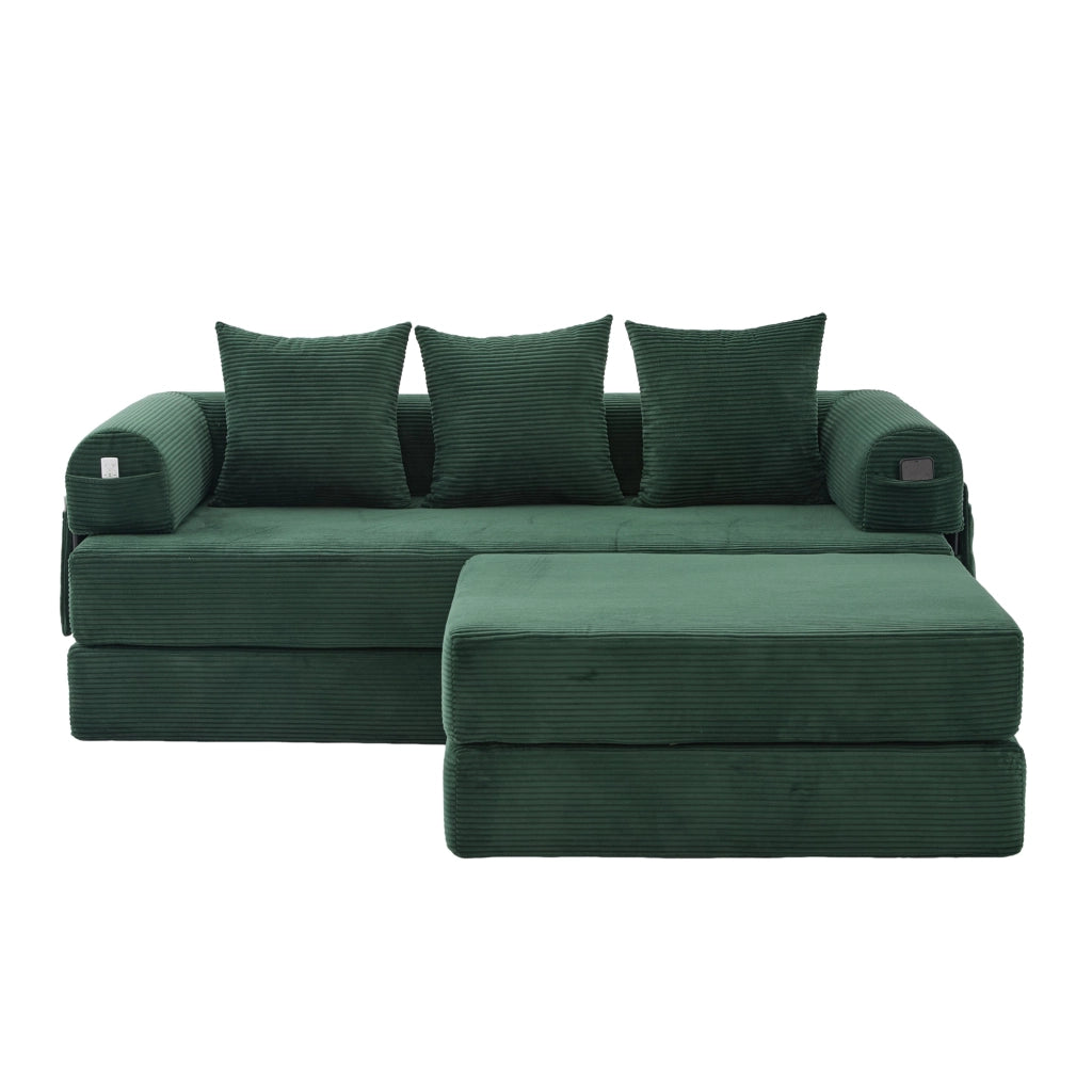Divano modulare in corduroy con pouf, struttura in metallo, tasca laterale e 3 cuscini – Verde smeraldo