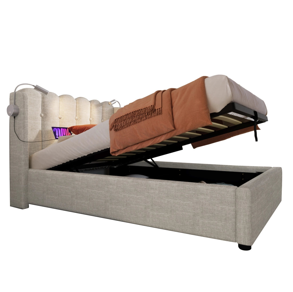 Letto singolo imbottito contenitore 90x200 cm in lino naturale con luce da lettura e USB