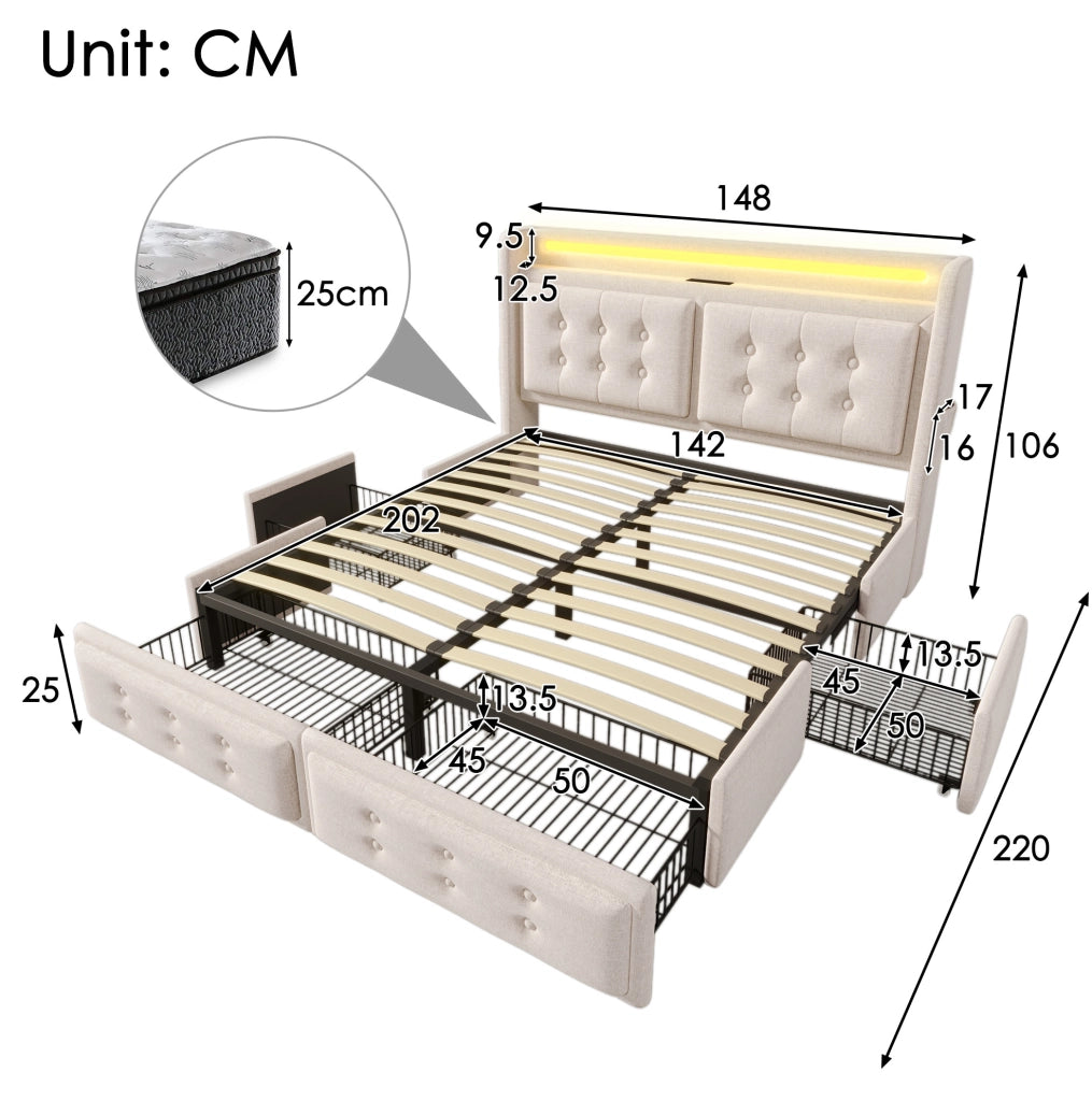 Letto imbottito 140x200 cm con LED, USB-C e 4 cassetti beige