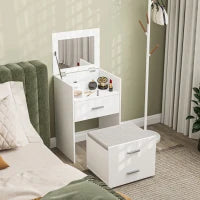 Tavolo da Trucco in Legno con Specchio Ribaltabile, 2 Cassetti e Sgabello, 50x40x113.5 cm, Bianco