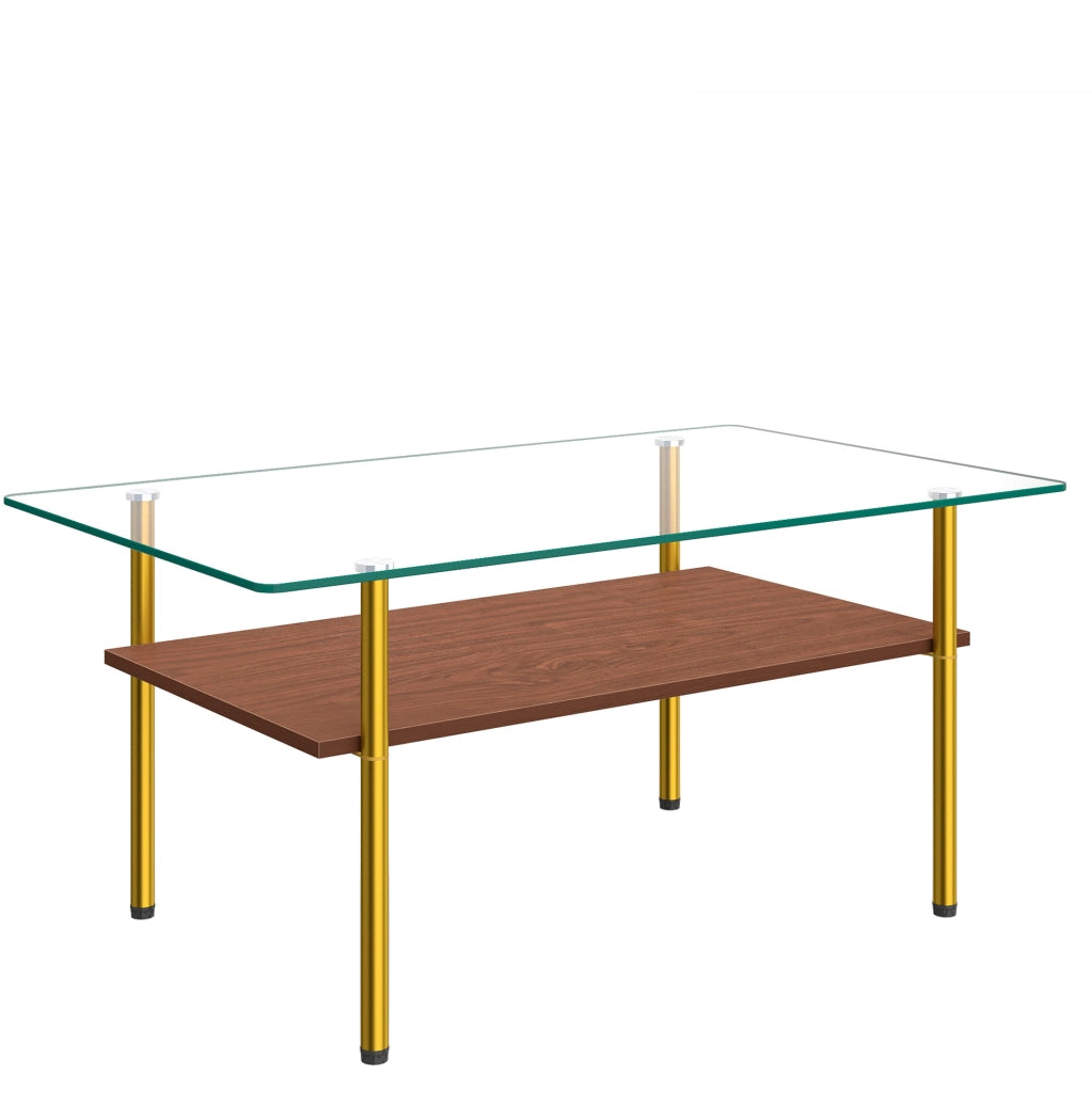Tavolino da caffè 98x58x45 cm con piano in vetro e ripiano in MDF; struttura in metallo; marrone oro