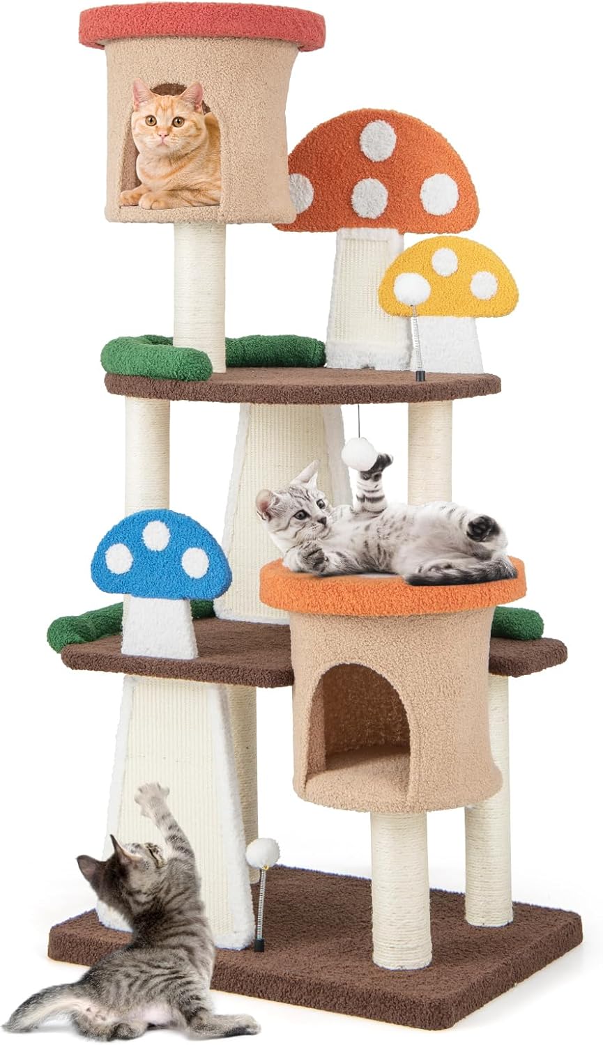 Albero per Gatti 4 in 1, Torre Multilivello per Gatti con 2 Condo e Piattaforme, Centro di Attività per Gatti con Pali e Tiragraffi in Sisal, Palline Interattive