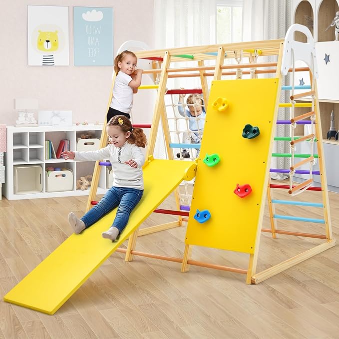 Set da Arrampicata per Bambini, Area Giochi Multifunzionale in Legno con Scala, Scivolo, Altalena e Rete da Arrampicata (Colorato)