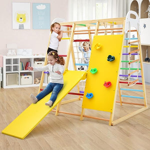 Set da Arrampicata per Bambini, Area Giochi Multifunzionale in Legno con Scala, Scivolo, Altalena e Rete da Arrampicata (Colorato)