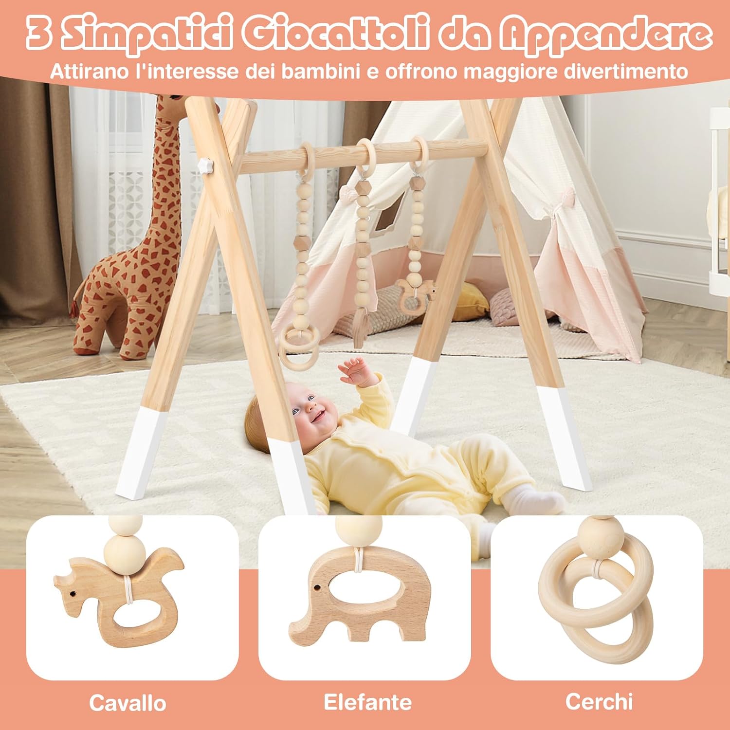 Palestrina per Bambini, Palestrina con Giocattoli per Dentizione Sviluppo Cerebrale Stimolazione Sensoriale, Pieghevole, in Legno, per Bambini 3+ Mesi (Bianco)