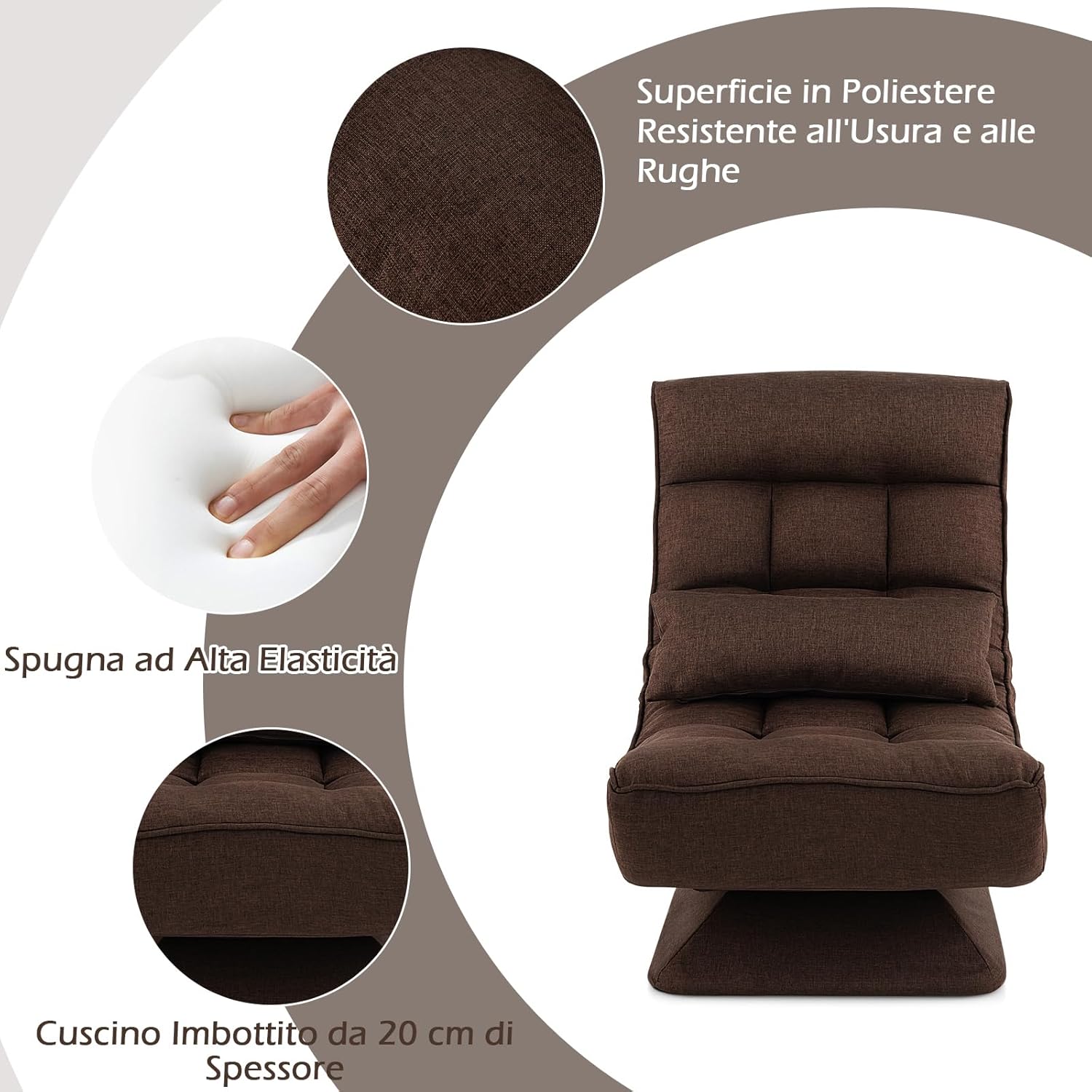 Poltrona da Terra Pieghevole, Poltrone da Divano Regolabile a 4 Posizioni, Sedia Imbottita con Base Girevole, per Studio, Soggiorno, Camera da Letto (marrone)