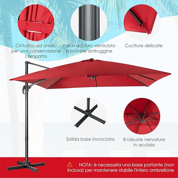 Ombrellone da Giardino, 300 x 300 cm, Ombrellone da Esterno con 3 Inclinazioni, Rotazione a 360°, Manovella, 8 Stecche, Base Incrociata (Vinaccia)